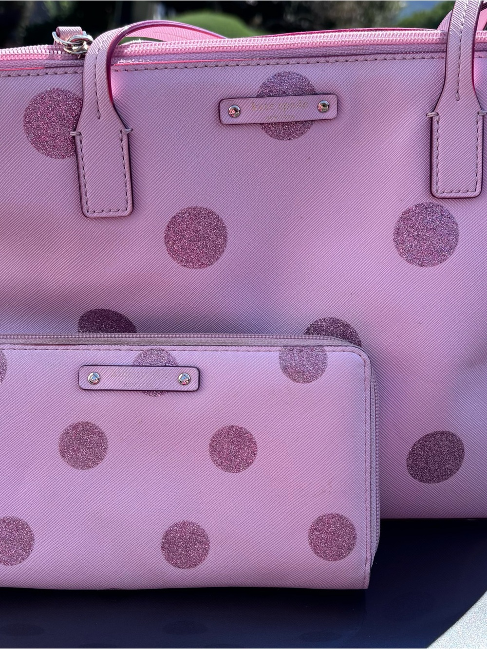 Kate Spade Pink Polka Dot Tote and Wallet Set - Sparkle Accent